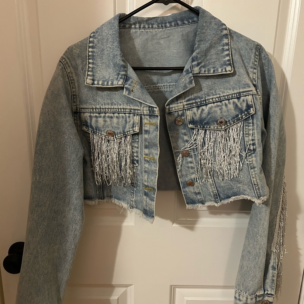 SHEIN Light Blue Denim Jacket with Silver Fringe